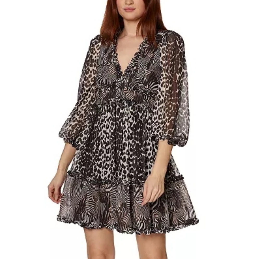 Betsey Johnson Allover Animal-Print Babydoll Ruffle Mini Dress Womens Size 6 NWT